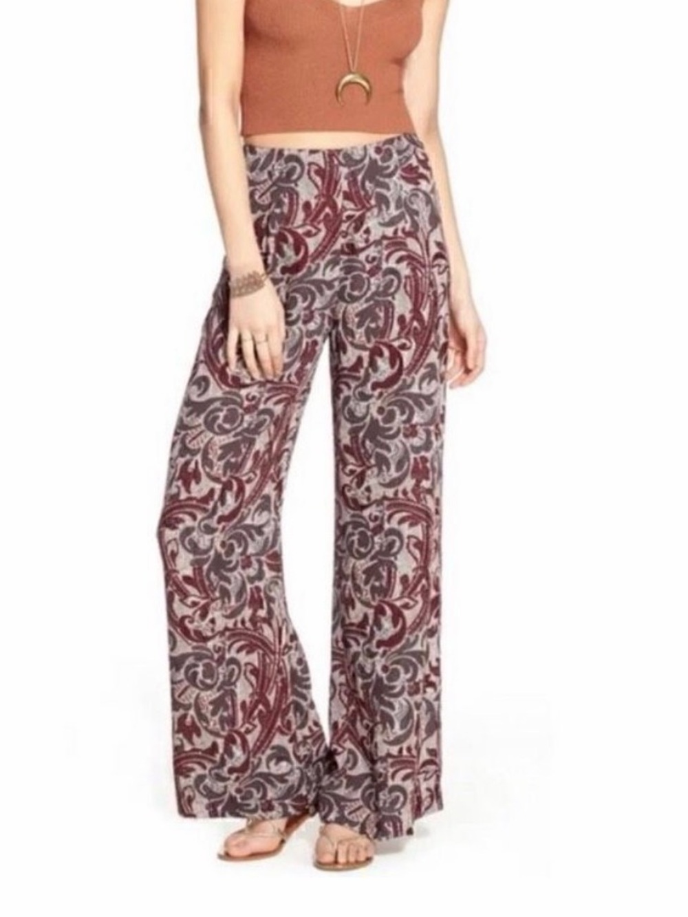 Astr Maroon & Gray Paisley Wide Leg Pants